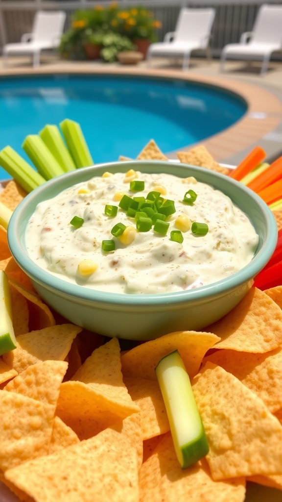 Creamy ranch corn and green chile dip in a bowl with tortilla chips and vegetable sticks, set by a pool.